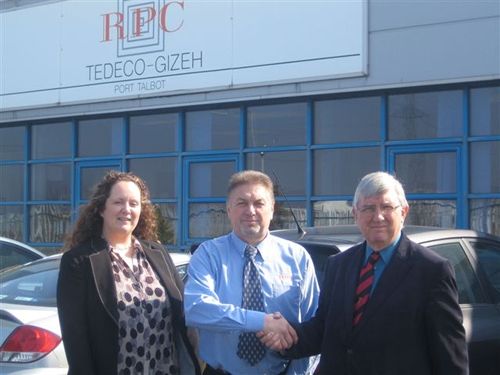 Dr Hywel Francis MP meeting the General Manager Henny Peters and the Sales and Marketing Manager Sara Williams during his recent visit to RPC Tedeco-Gizeh UK Ltd.